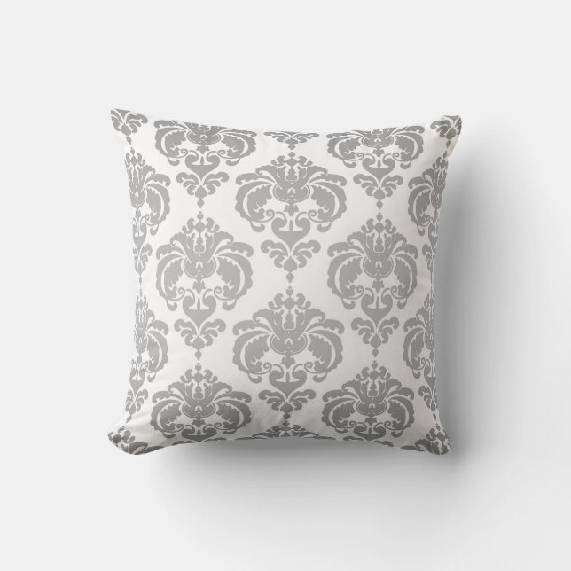 Silver & White Damask Modern Elegant Pattern Cushion (Front)