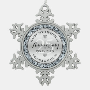 Silver & white diamonds 25th wedding Anniversary Snowflake Pewter Christmas Ornament