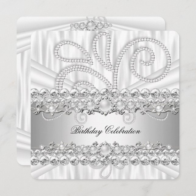 Silver White Diamonds Pearl Elegant Birthday Party Invitation (Front/Back)