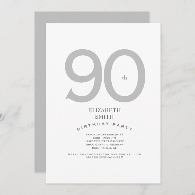 Silver & White Elegant 90th Birthday Party Invitation (Front/Back)