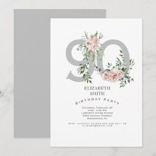 Silver & White Elegant Pink Rose 90th Invitation