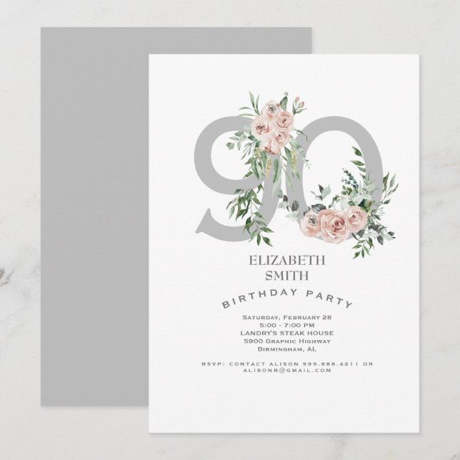 Silver & White Elegant Pink Rose 90th Invitation (Front/Back)