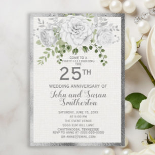 Silver White Floral 25th Wedding Anniversary Invitation