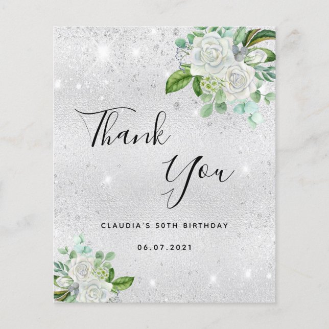Silver white floral birthday thank you card (Front)
