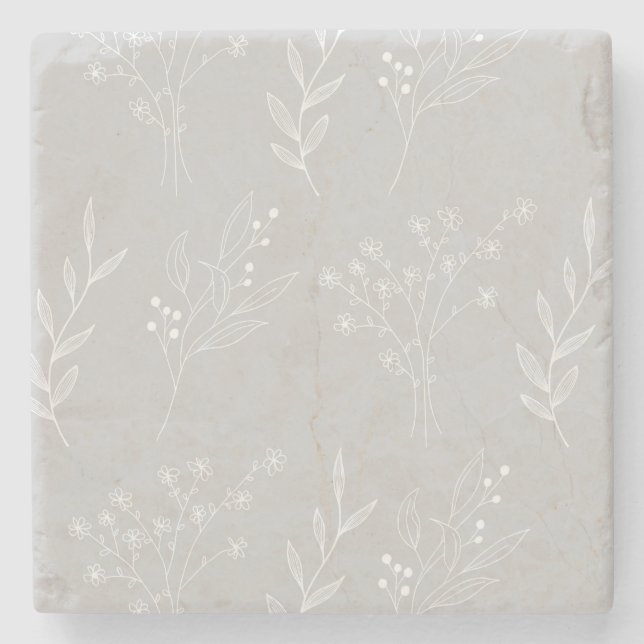 Silver White Floral Boho Wedding Stone Coaster (Front)