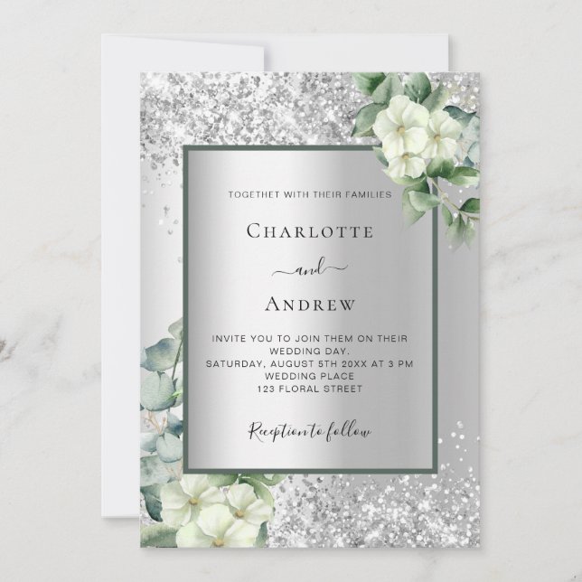 Silver white floral eucalyptus elegant wedding invitation (Front)