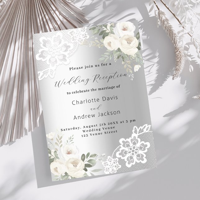 Silver white floral lace premium wedding reception invitation (Creator Uploaded)