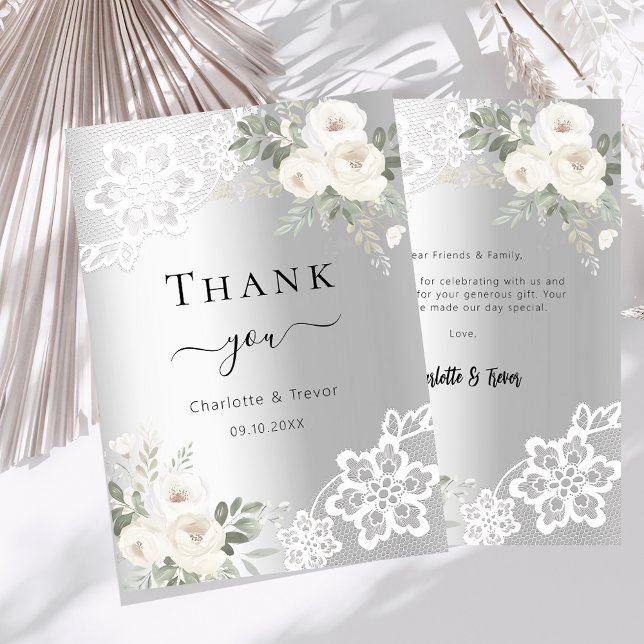 Silver white floral lace wedding thank you card (Creator Uploaded)
