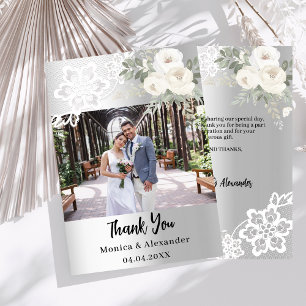 Silver white floral lace wedding thank you card
