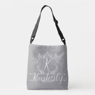 "Silver & White Floral Pattern" Custom Monogram  Crossbody Bag