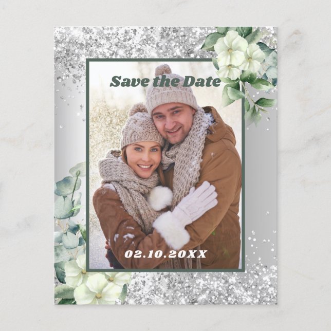 Silver white floral photo Save the Date wedding (Front)