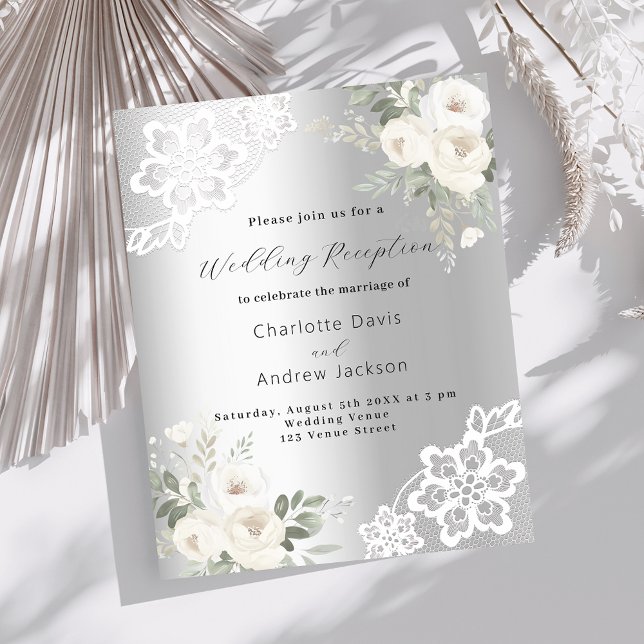 Silver white floral wedding reception invitation (Creator Uploaded)