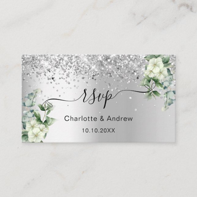 Silver white floral wedding website RSVP QR code Enclosure Card (Front)