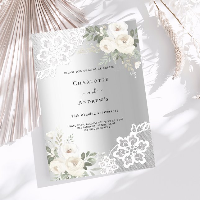 Silver white florals 25th wedding anniversary invitation (Creator Uploaded)