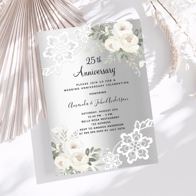 Silver white florals 25th wedding anniversary invitation (Creator Uploaded)