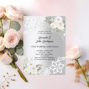 Silver white florals 25th wedding anniversary invitation