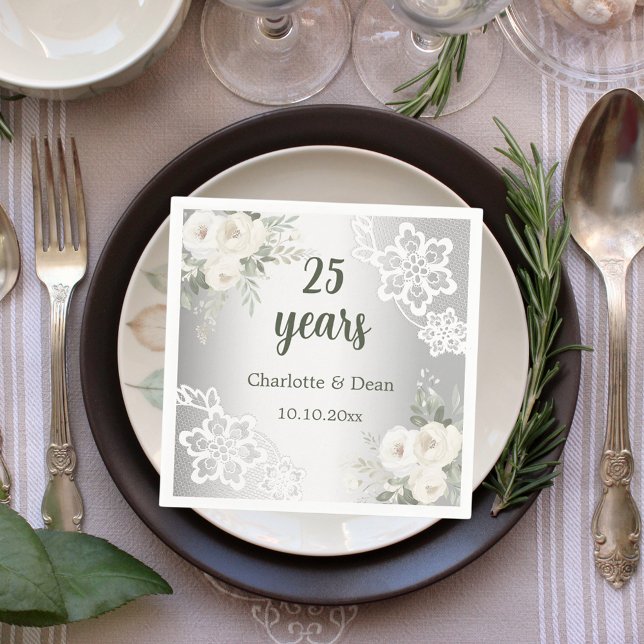Silver white florals 25th wedding anniversary napkin (Creator Uploaded)