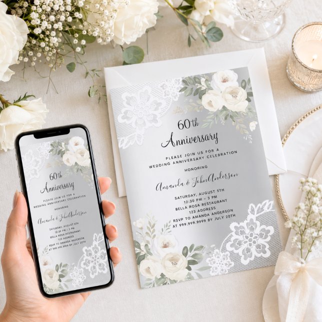 Silver white florals 60th wedding anniversary invitation (Creator Uploaded)