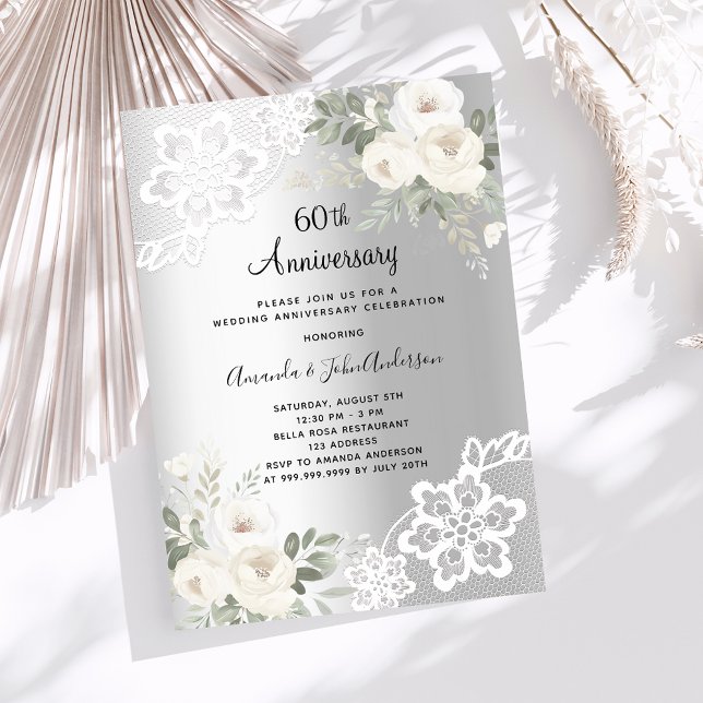 Silver white florals 60th wedding anniversary invitation (Creator Uploaded)