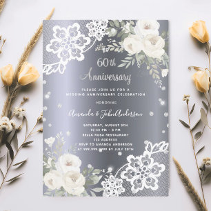 Silver white florals 60th wedding anniversary invitation