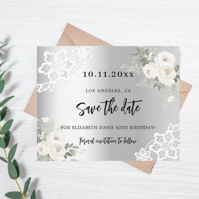 Silver white florals birthday Save the Date Flyer (Creator Uploaded)
