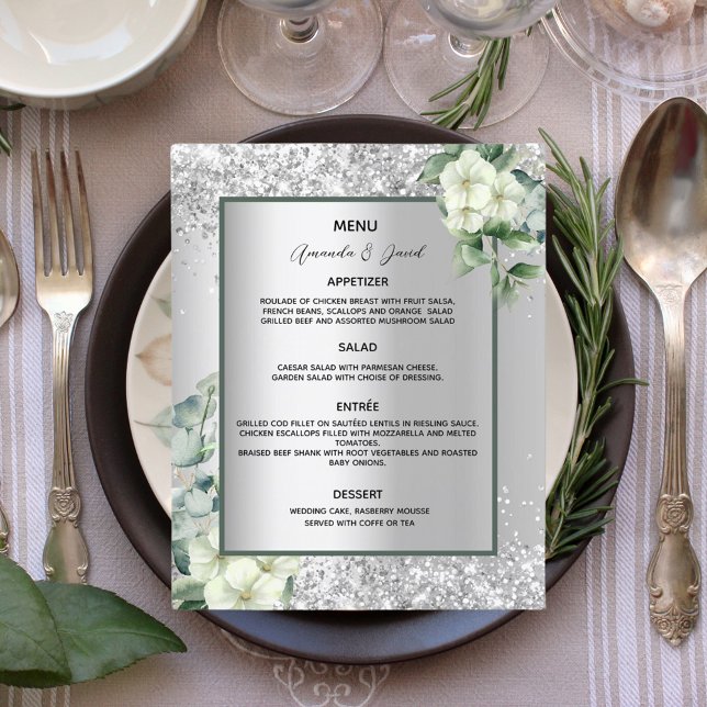 Silver white florals budget wedding menu (Creator Uploaded)