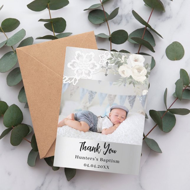 Silver white florals cross baptism photo thank you card (Creator Uploaded)