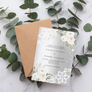 Silver white florals diamonds wedding invitation