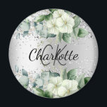 Silver white florals elegant monogram name magnet<br><div class="desc">A faux silver looking background decorated with white florals,  flowers and eucalyptus greenery. Personalize and add your monogram initials and first name</div>