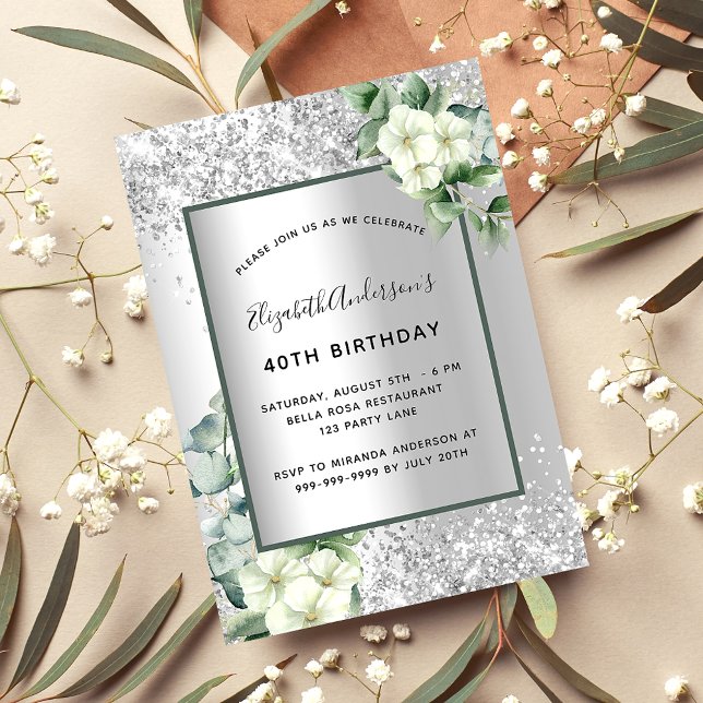 Silver white florals eucalyptus greenery birthday invitation (Creator Uploaded)