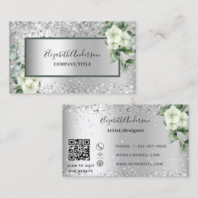 Silver white florals eucalyptus greenery QR code Business Card (Front/Back)