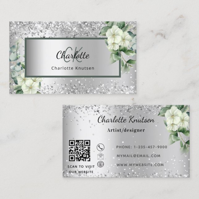 Silver white florals eucalyptus monogram QR code Business Card (Front/Back)