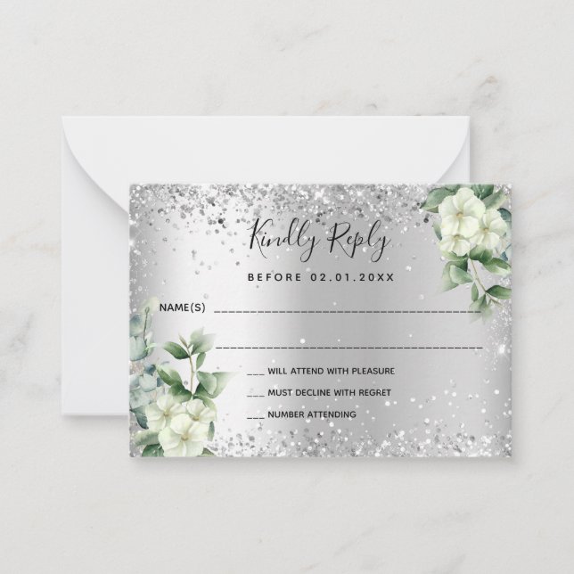 Silver white florals eucalyptus wedding RSVP Card (Front)
