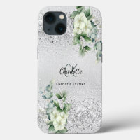 Silver white florals euclayptus monogram name