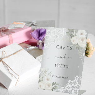Silver white florals lace cards gifts sign