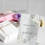 Silver white florals lace guest book sign<br><div class="desc">A faux silver looking background. Decorated with white roses,  florals,  white lace and some diamonds. With the text: Please sign the guest book.</div>