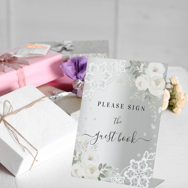 Silver white florals lace guest book sign (Creator Uploaded)