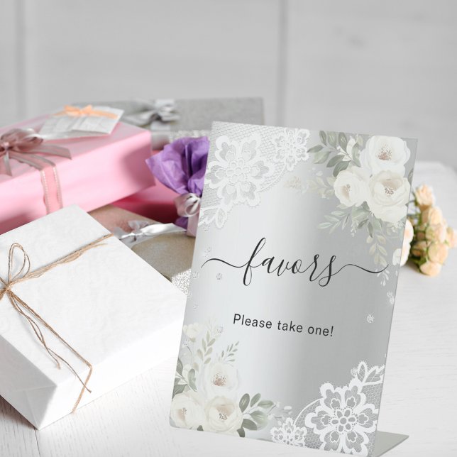 Silver white florals lace guest favour sign (Creator Uploaded)