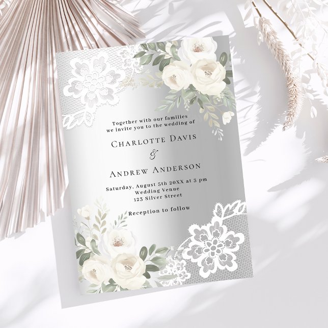 Silver white florals wedding invitation (Creator Uploaded)