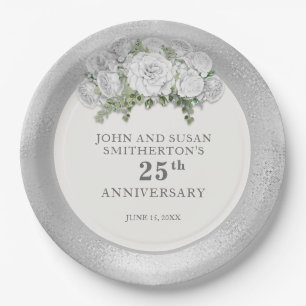 Silver White Flowers 25th Wedding Anniversary Paper Plate