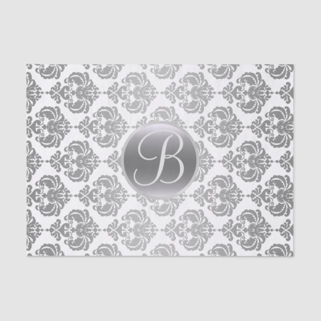 Silver White Glam Damask Monogram Letter Initial Tissue Paper (Front)