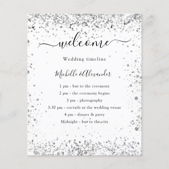 Silver white glitter budget wedding program flyer (Front)
