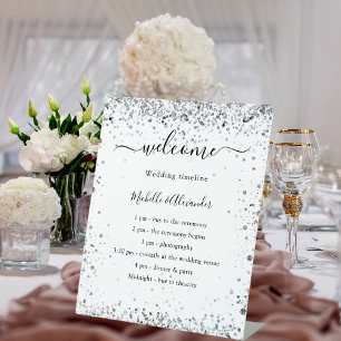 Silver white glitter elegant wedding program pedestal sign