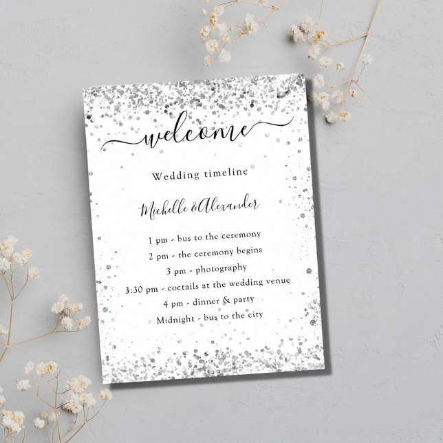 Silver white glitter elegant wedding program poster (Creator Uploaded)