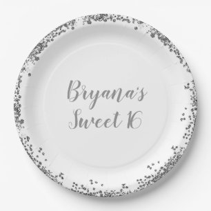Silver White Glitter Glam Edge Sweet 16 Party Paper Plate