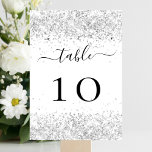 Silver white glitter sparkles glamourous table number<br><div class="desc">Front: A white background decorated with faux silver sparkles
Back: A faux silver background decorated with faux glitter,  sparkles.  

Personalise and add your table numbers.  Add your numbers one by one.</div>