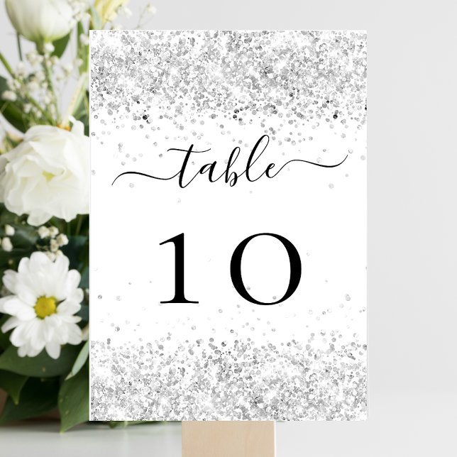 Silver white glitter sparkles glamourous table number (Creator Uploaded)