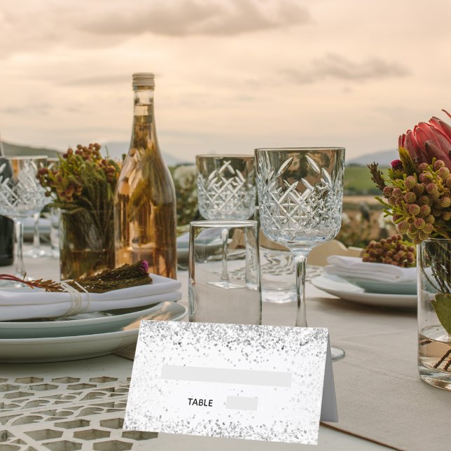 Silver white glitter sparkles wedding place card (Creator Uploaded)