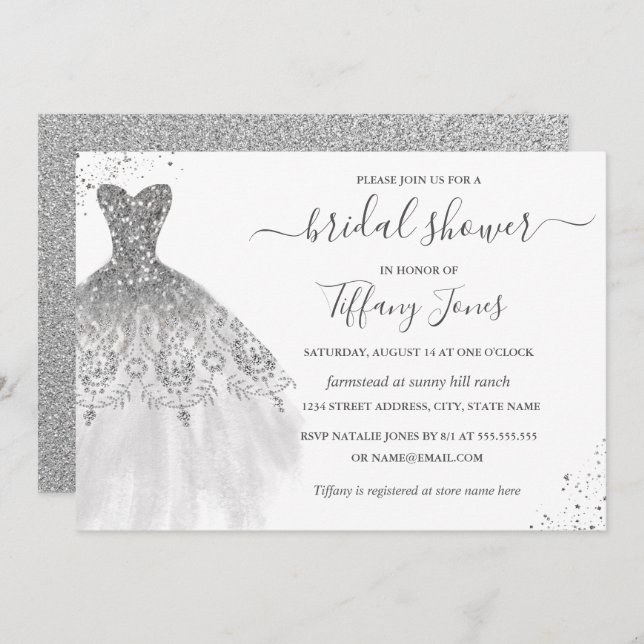 Silver White Glitter Wedding Dress Bridal Shower Invitation (Front/Back)