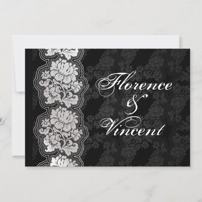 Silver white lace, black damask Wedding Invite (Front)